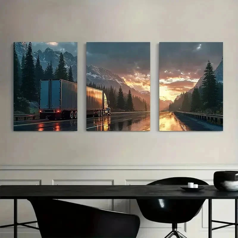 3pcs Semi-Truck Driving on Highway with Mountains Metal Print Ready to Hang Art