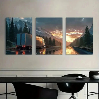 3pcs Semi-Truck Driving on Highway with Mountains Metal Print Ready to Hang Art