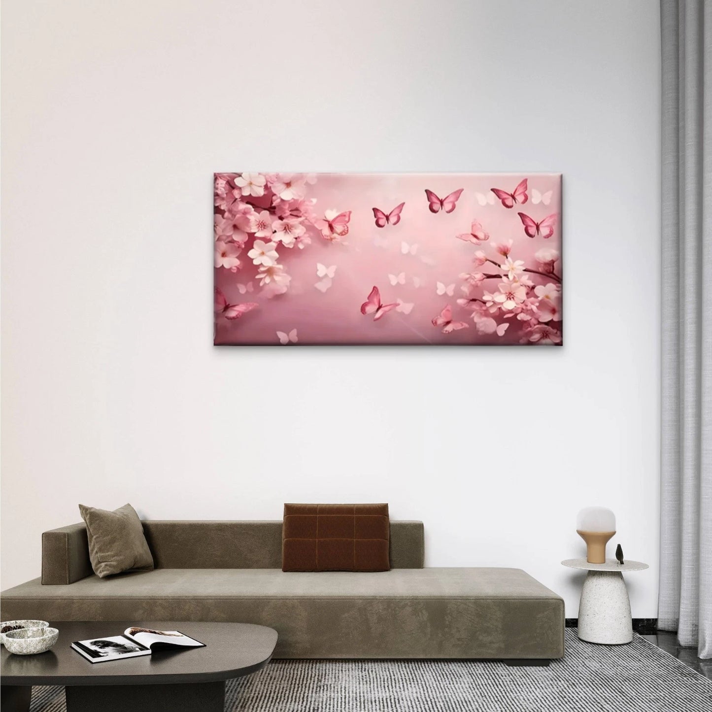 Pink Butterfly Flowers Wall Art Canvas Office Home Room Framed 120x60cm