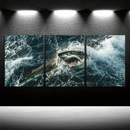 3pcs Dynamic Shark & Wave Ocean-Themed Design Metal Print Ready to Hang Art