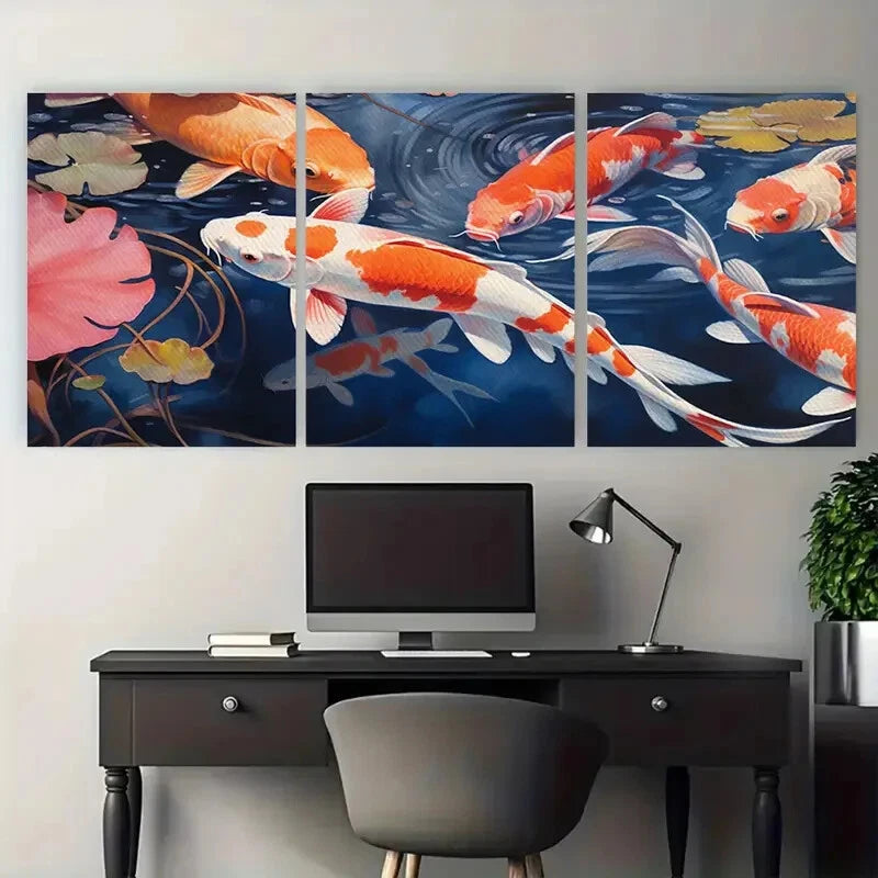 3pcs Vibrant Koi Fish and Lilly Pads Design Metal Print Ready to Hang Art