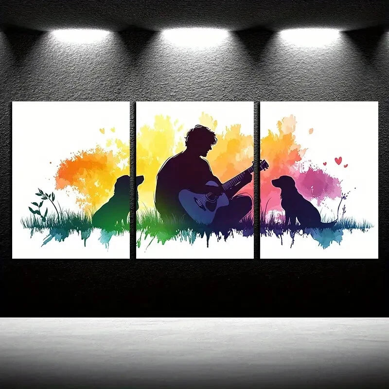 3pcs Guitar Player & Dog Illustration Metal Print Ready to Hang Art - Bella Home Decor