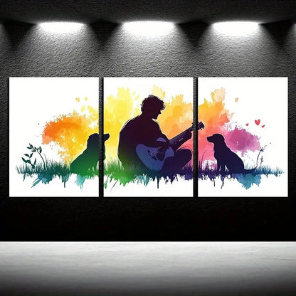 3pcs Guitar Player & Dog Illustration Metal Print Ready to Hang Art - Bella Home Decor