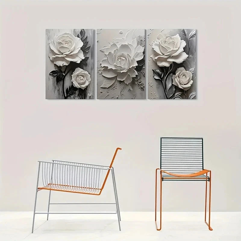 3pcs Embossed White Rose Modern Metal Print Ready to Hang Art - Bella Home Decor