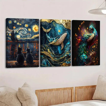 3pcs Vibrant Animal Moon Cat Scene Peacock Fish Wall Art Set Canvas Unframed - High Quality Print 100% Australian Made Wall Canvas