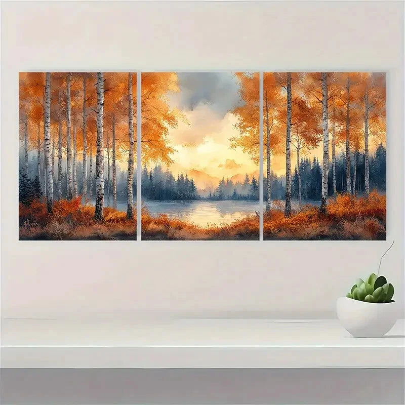 3pcs Autumn Forest Landscape with Vibrant Fall Metal Print Ready to Hang Art - Bella Home Decor