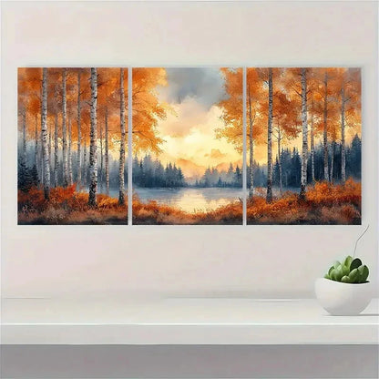 3pcs Autumn Forest Landscape with Vibrant Fall Metal Print Ready to Hang Art - Bella Home Decor