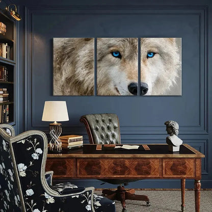 3pcs Artistic Wolf Portrait Blue Eyes Metal Print Ready to Hang Art - Bella Home Decor