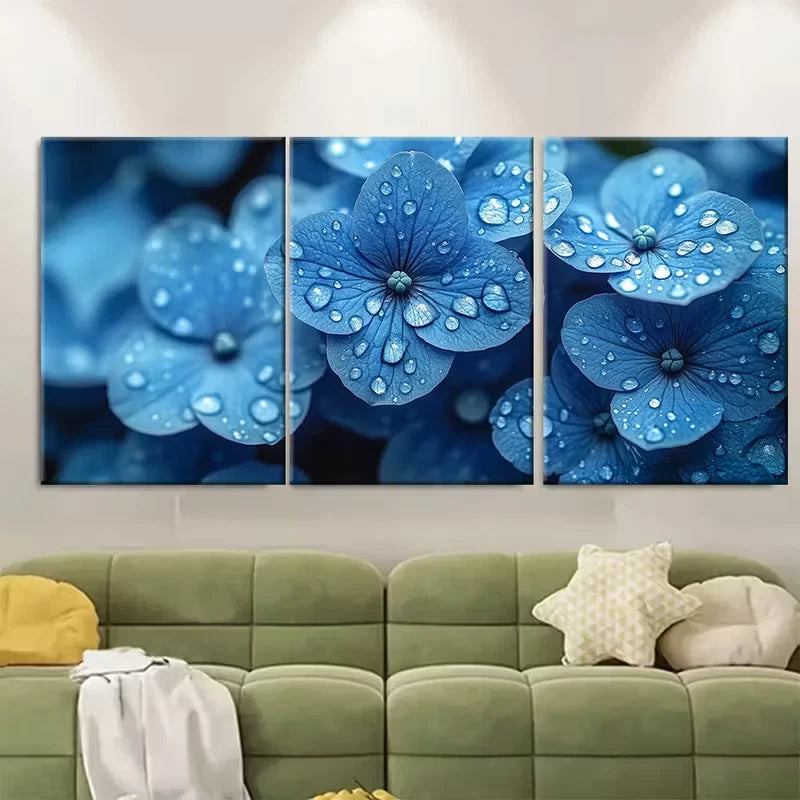 3pcs Blue Hydrangea with Water Droplets Metal Print Ready to Hang Art - Bella Home Decor