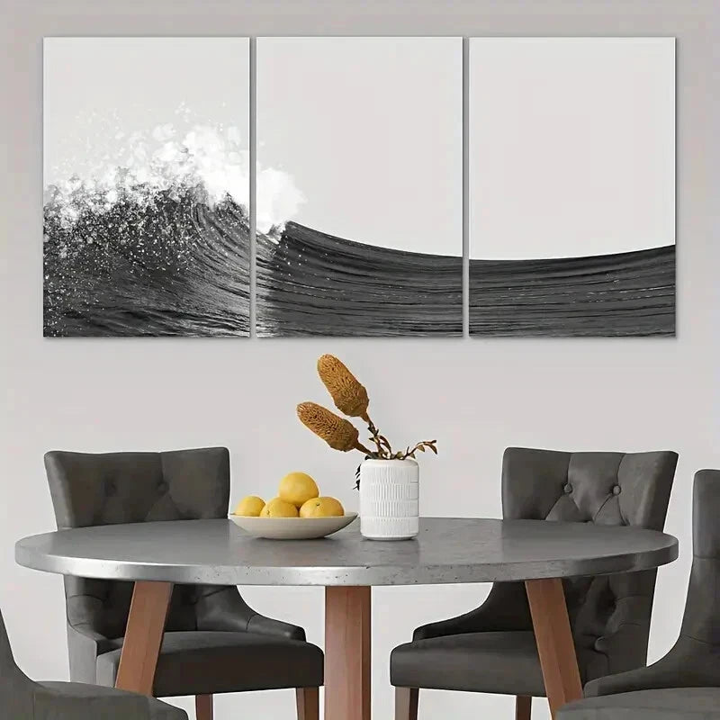3pcs Black and White Ocean Waves Metal Print Ready to Hang Art - Bella Home Decor