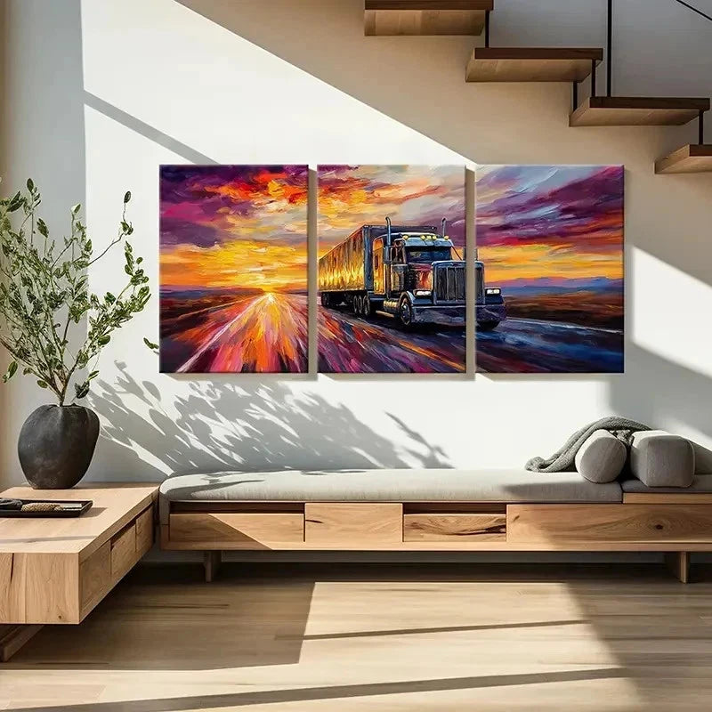 3pcs Retro Truck On Highway at Sunset Wall Art Set Canvas Framed 50x70cm - High Quality Print 100% Australian Made Wall Canvas Ready to Hang