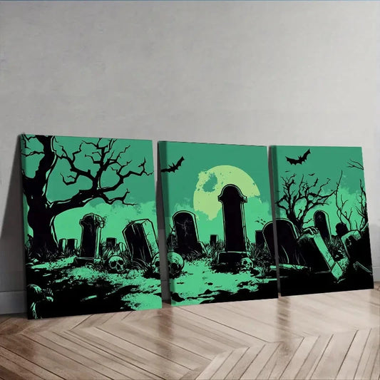 3pcs Graveyard Halloween Theme, Wall Art Set Canvas Framed 40x60cm - High Quality Print 100% Australian Made Wall Canvas Ready to Hang