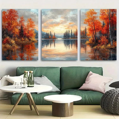 3pcs Autumn Lake Scenery Metal Print Ready to Hang Art