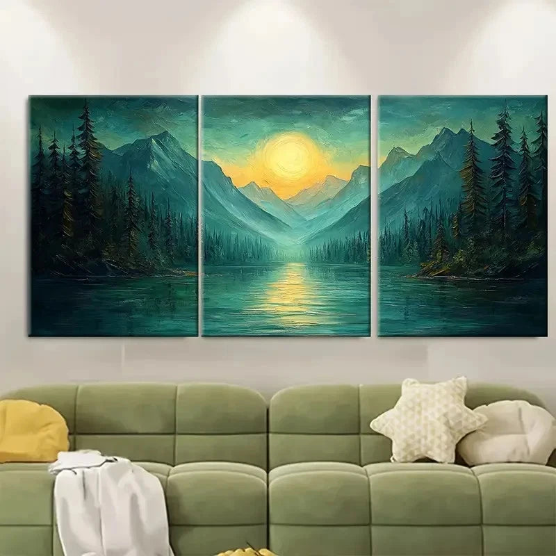 3pcs Green Mountain and River Landscape DI Wall Art Set Canvas Framed 50x70cm - High Quality Print 100% Australian Made Wall Canvas Ready to Hang