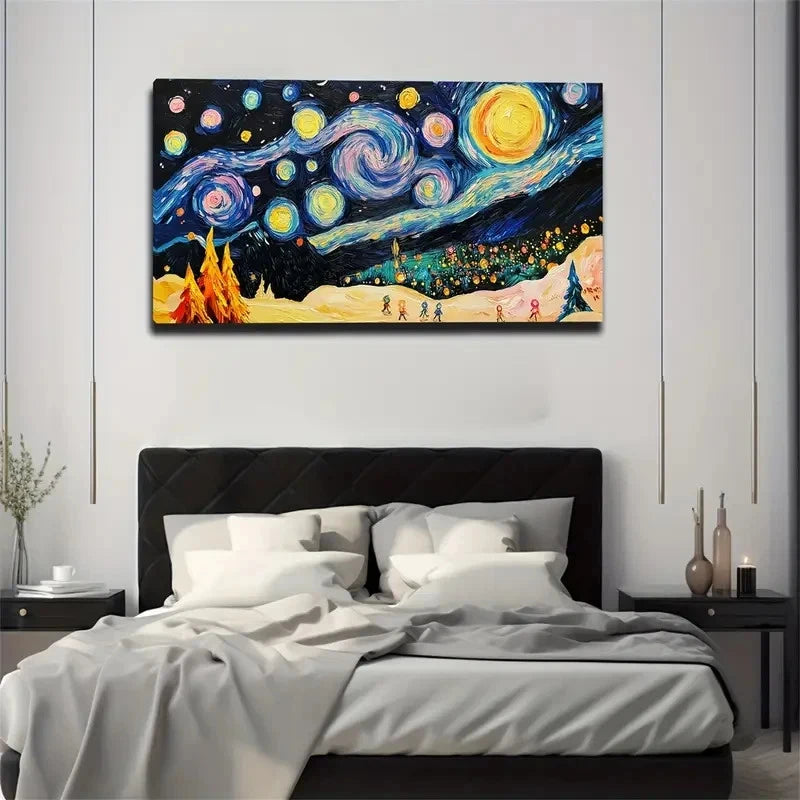 Night Sky Landscape Swirling Wall Art Canvas Office Home Room Framed 120x60cm