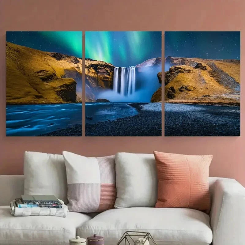 3pcs Skogafoss Waterfall Northern Lights Icelandic Metal Print Ready to Hang Art - Bella Home Decor