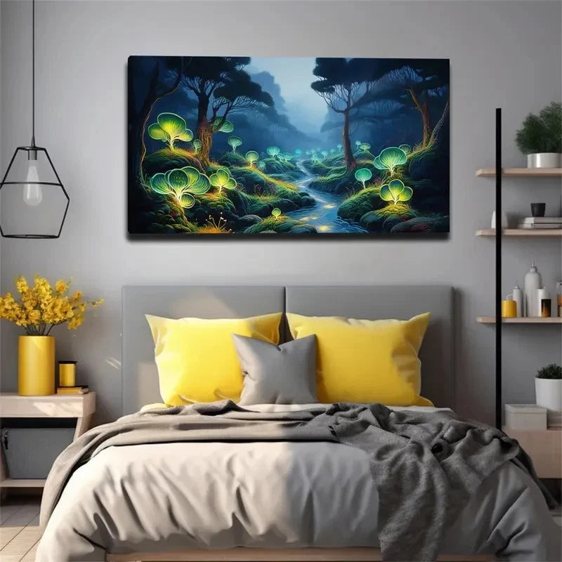 Enchanted Forest Vibrant Green Wall Art Canvas Office Home Room Framed 120x60cm
