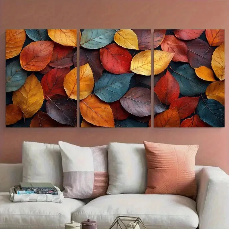 3pcs Vibrant Modern Abstract Autumn Leaves Metal Print Ready to Hang Art - Bella Home Decor