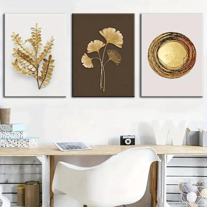 3pcs Modern Stylish Golden Leaf Perfect Wall Art Set Canvas Framed 60x90cm - High Quality Print 100% Australian Made Wall Canvas Ready to Hang - Bella Home Decor