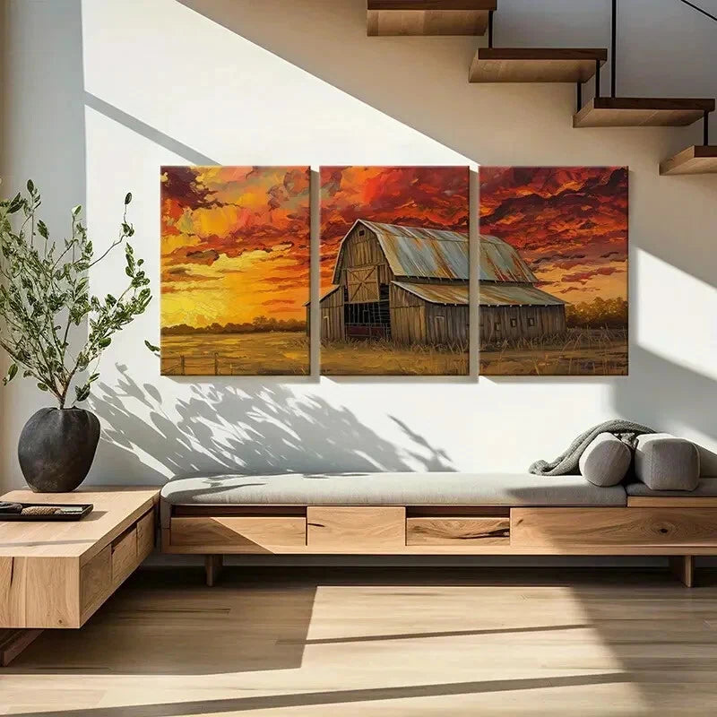 3pcs Rustic Barn Sunset Sky Wooden Structure Metal Print Ready to Hang Art - Bella Home Decor