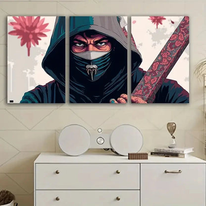 3pcs Hooded Figure With Sword And Floral Design Wall Art Set Canvas Framed 50x70cm - High Quality Print 100% Australian Made Wall Canvas Ready to Hang