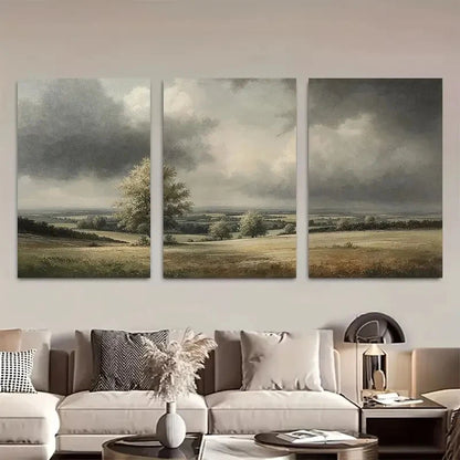 3pcs Serene Sky and Fields Scene with Lush Green Metal Print Ready to Hang Art