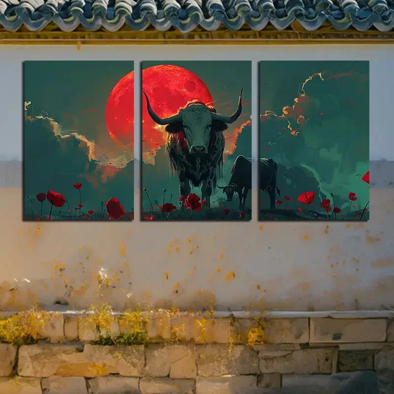 3pcs Red Moon and Black Bull Modern Design Metal Print Ready to Hang Art - Bella Home Decor