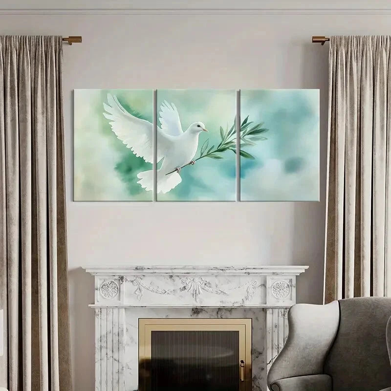 3pcs White Dove Olive Branch Peace Symbol Metal Print Ready to Hang Art - Bella Home Decor