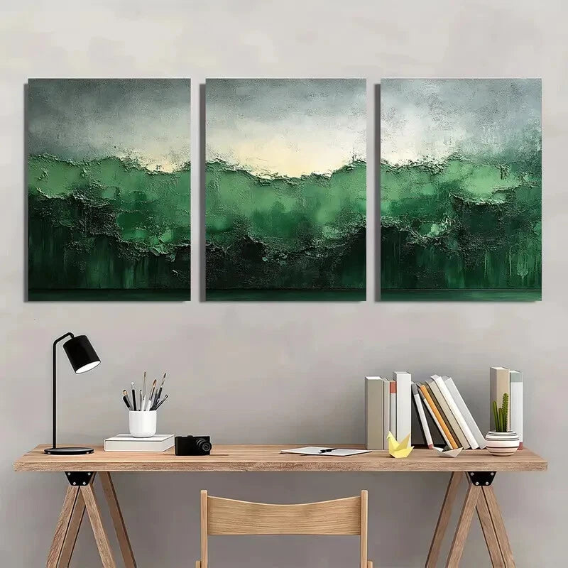 3pcs Green and Gray Abstract Textured Wabi Sabi Metal Print Ready to Hang Art - Bella Home Decor