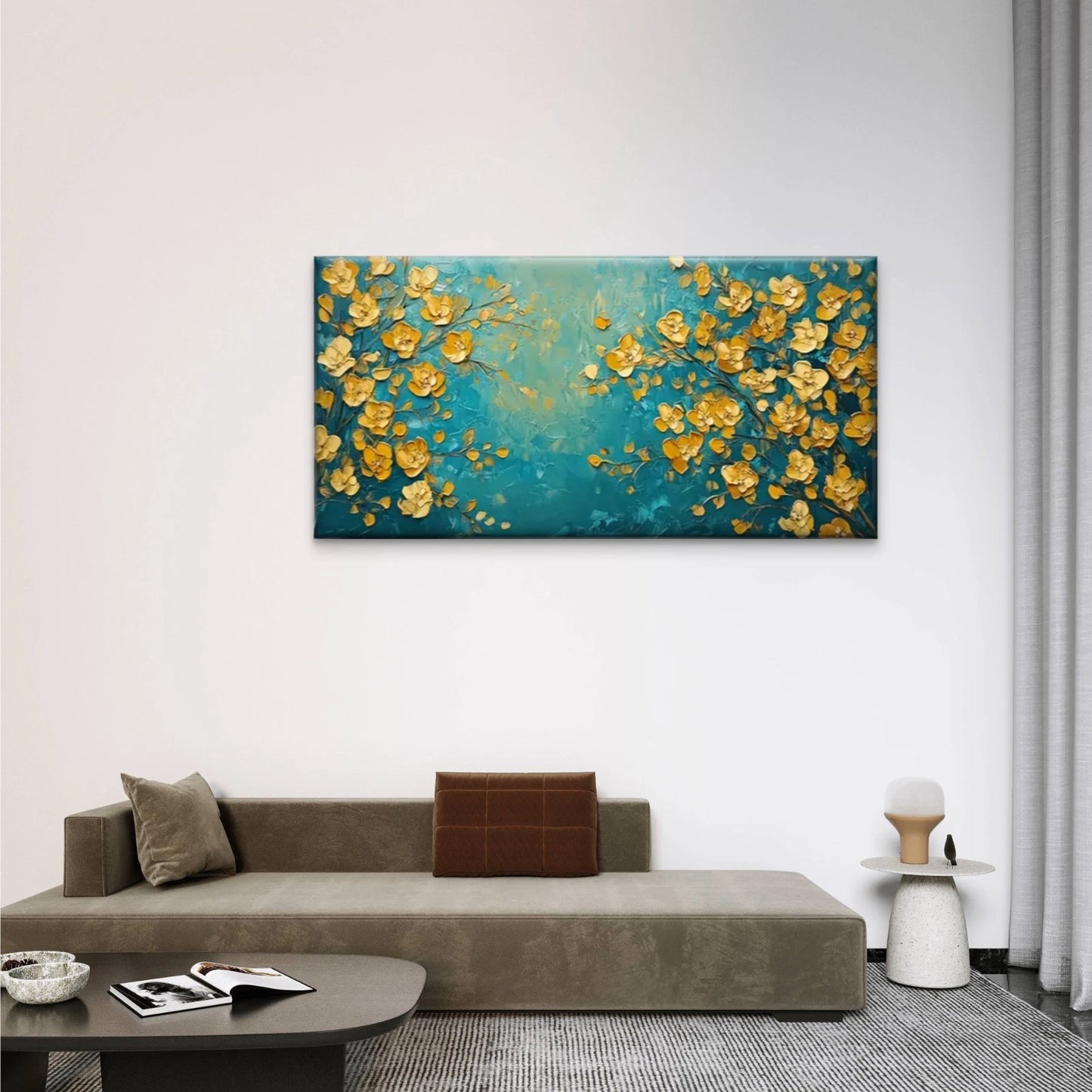 Yellow Flowers Blue Abstract Wall Art Canvas Office Home Room Framed 120x60cm