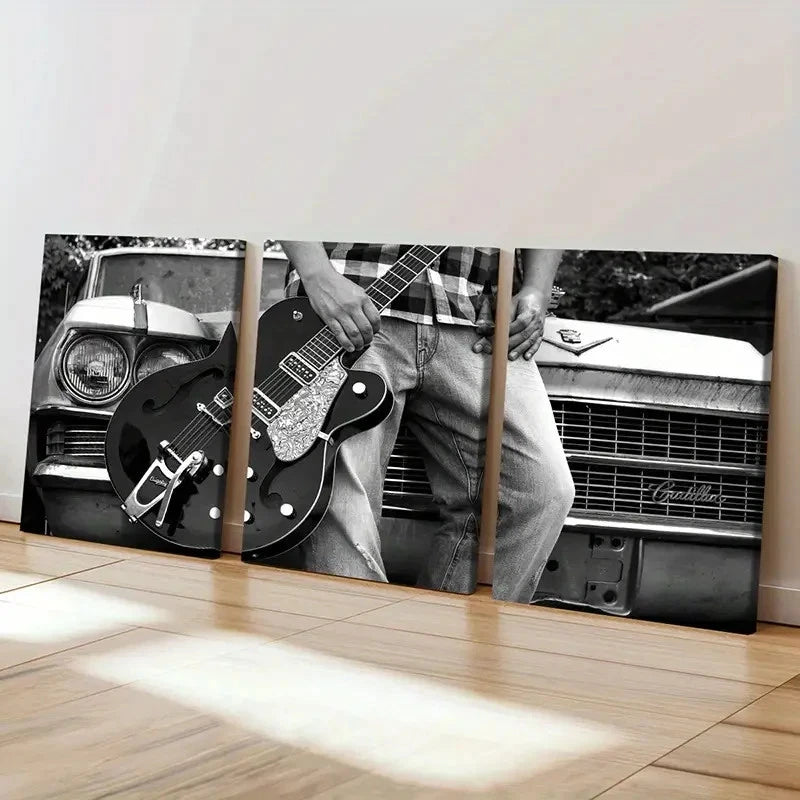 3pcs Black & White Guitar & Musical Instrument Wall Art Set Canvas Framed 60x90cm - High Quality Print 100% Australian Made Wall Canvas Ready to Hang - Bella Home Decor