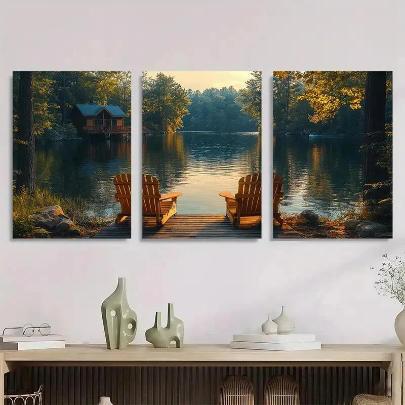 3pcs Lake House Scenery with Wooden Chairs Wall Art Set Canvas Framed 60x90cm - High Quality Print 100% Australian Made Wall Canvas Ready to Hang - Bella Home Decor