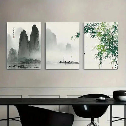 3pcs Chinese Ink Painting with Bamboo Leaves Metal Print Ready to Hang Art - Bella Home Decor