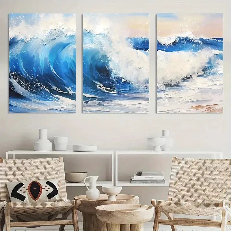3pcs Ocean Wave Blue Sea Print Metal Print Ready to Hang Art - Bella Home Decor