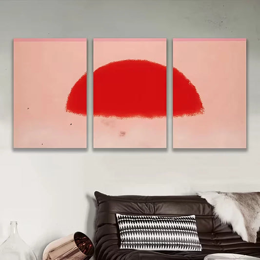3pcs Abstract Red Curve In Pink Background Metal Print Ready to Hang Art