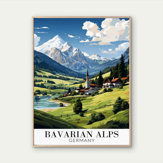 Bavarian Alps Germany Vintage Snow-Capped Travel Poster Print Wall Art