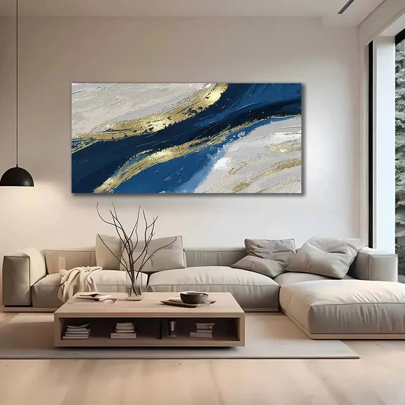 Blue & Golden Textured Wall Art canvas office home room framed 120x60cm