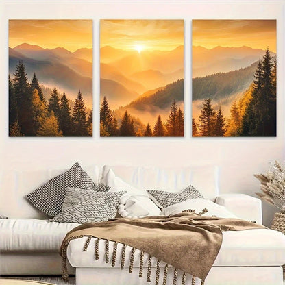 3pcs Golden Sunrise Misty Mountains Panoramic Metal Print Ready to Hang Art - Bella Home Decor