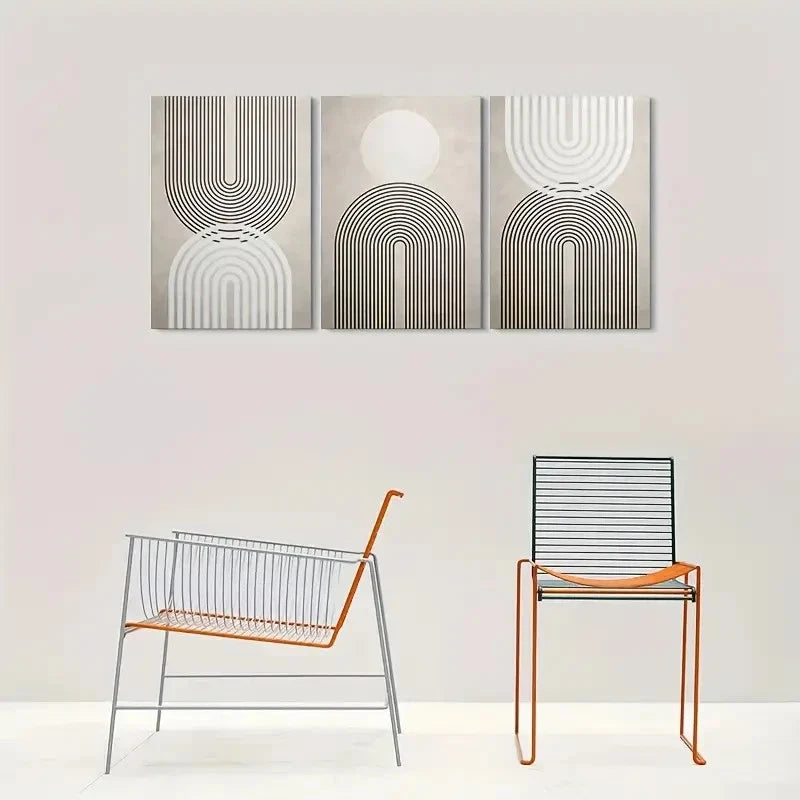 3pcs Abstract Geometric Brown Lines Metal Print Ready to Hang Art - Bella Home Decor