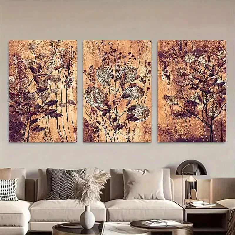 3pcs Reddish-Brown Leaf and Branch Design Metal Print Ready to Hang Art
