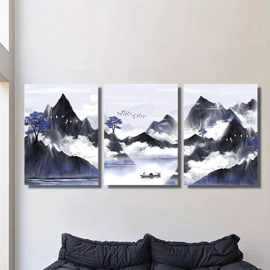 3pcs Asian-Inspired Chinese Landscape Metal Print Ready to Hang Art