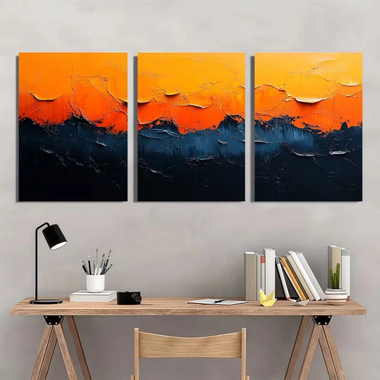 3pcs Abstract Bright Orange, Blue, And Black Metal Print Ready to Hang Art