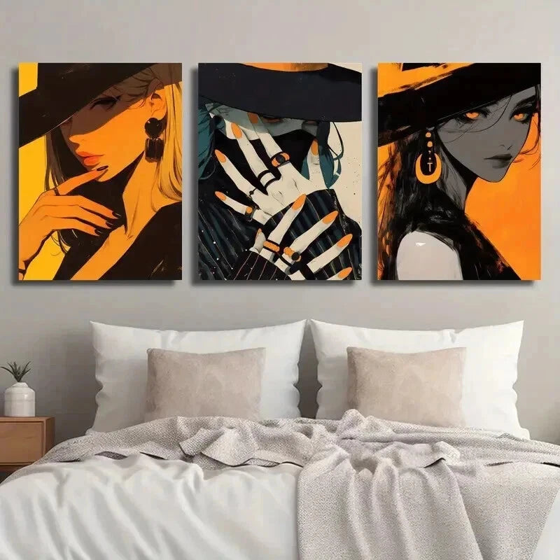 3pcs Mysterious Woman with Orange Nail Perfect Wall Art Set Canvas Framed 50x70cm - High Quality Print 100% Australian Made Wall Canvas Ready to Hang - Bella Home Decor