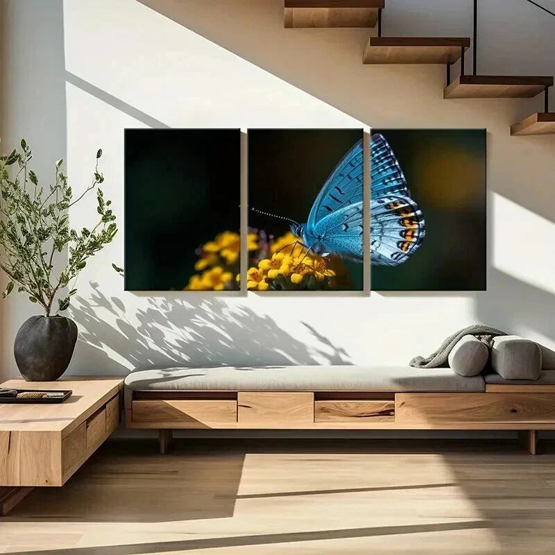 3pcs Vibrant Blue Butterfly with Yellow Flower Wall Art Set Canvas Framed 60x90cm - High Quality Print 100% Australian Made Wall Canvas Ready to Hang - Bella Home Decor