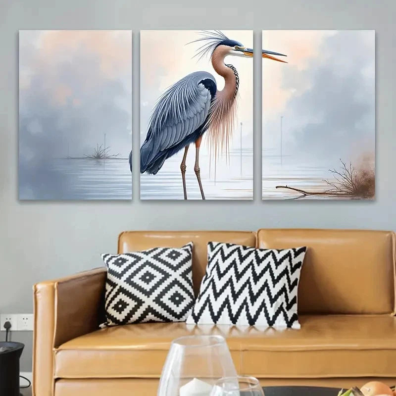 3pcs Blue Heron Watercolor Posters Wall Art Set Canvas Framed 40x60cm - High Quality Print 100% Australian Made Wall Canvas Ready to Hang - Bella Home Decor