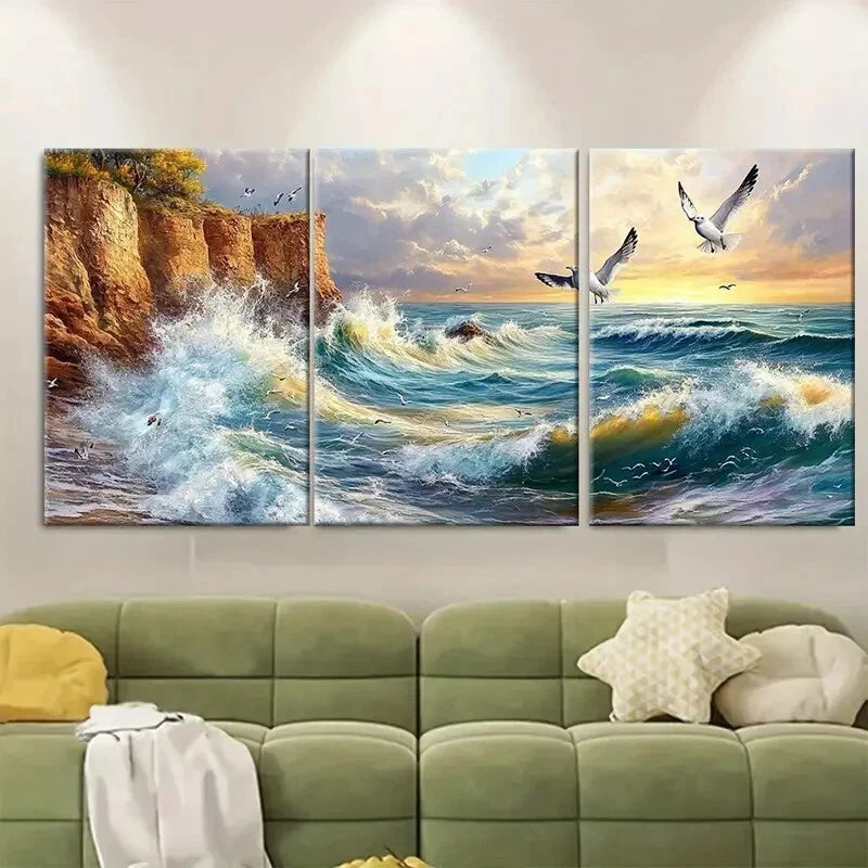 3pcs Coastal Cliffside Ocean Waves Nature Metal Print Ready to Hang Art - Bella Home Decor