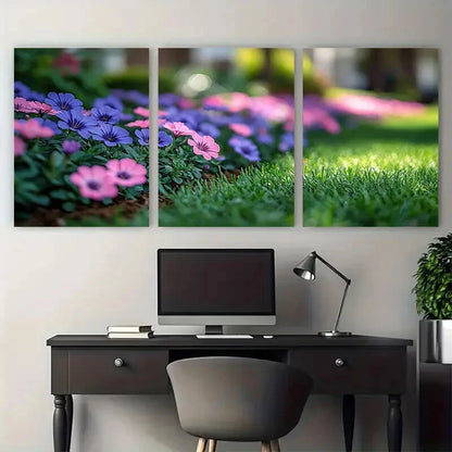 3pcs Grassy Flowerbed with Pink Purple Flowers Metal Print Ready to Hang Art - Bella Home Decor