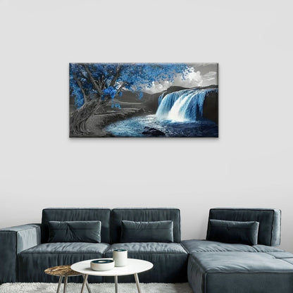 Waterfall Blue Trees Grey Sky Wall Art Canvas Office Home Room Framed 120x60cm