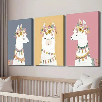 3pcs Cartoon Animals and Flowers Illustration Wall Art Set Canvas Unframed - High Quality Print 100% Australian Made Wall Canvas - Bella Home Decor