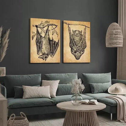 2pcs Antique Art, Gothic, Retro Bat Canvas Framed 50x75cm - High Quality Print 100% Australian Made Wall Canvas Ready to Hang - Bella Home Decor